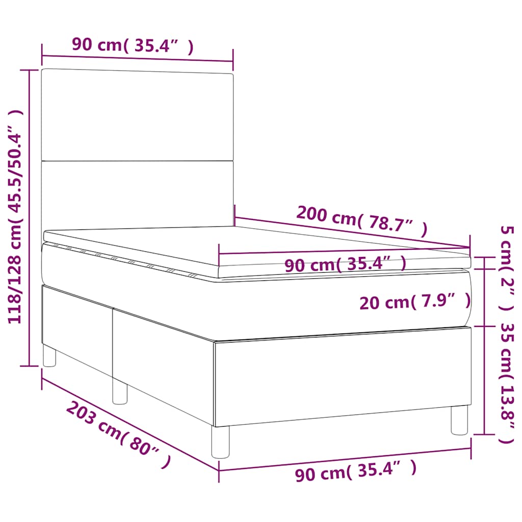 vidaXL Κρεβάτι Boxspring με Στρώμα & LED Μαύρο 90x200 εκ. Υφασμάτινο