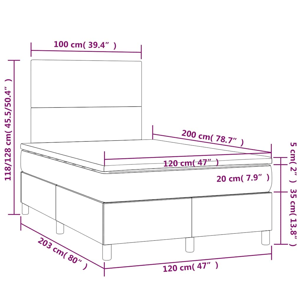 vidaXL Κρεβάτι Boxspring με Στρώμα & LED Μαύρο 120x200 εκ. Υφασμάτινο