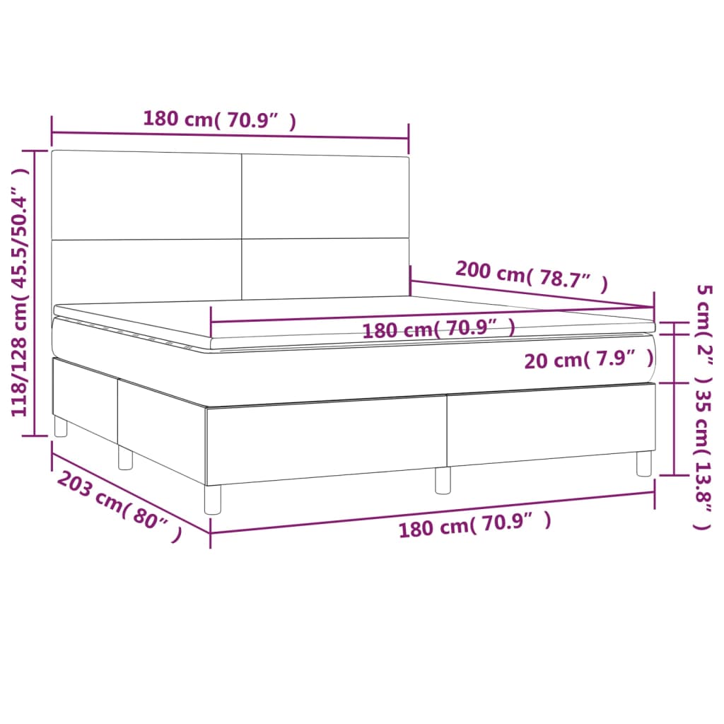 vidaXL Κρεβάτι Boxspring με Στρώμα & LED Κρεμ 180x200 εκ. Υφασμάτινο
