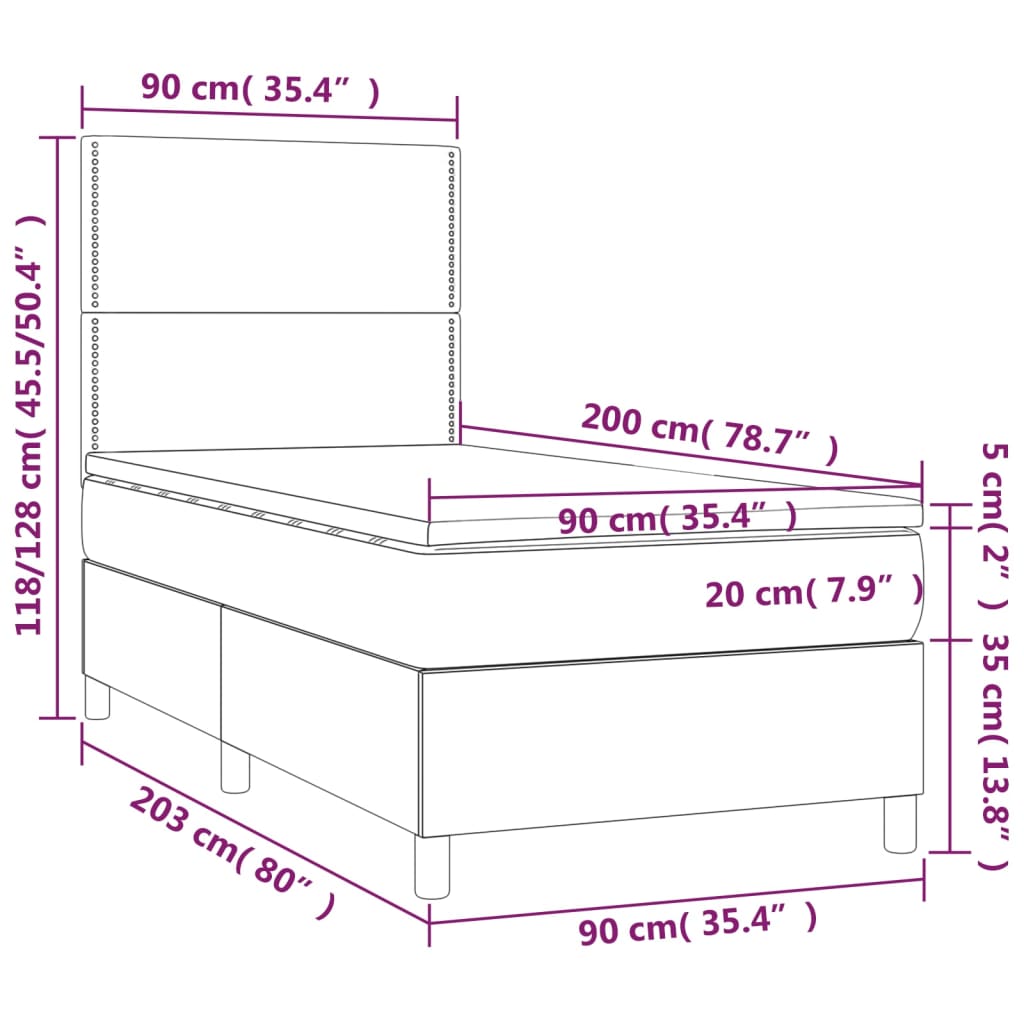 vidaXL Κρεβάτι Boxspring με Στρώμα & LED Taupe 90x200 εκ. Υφασμάτινο