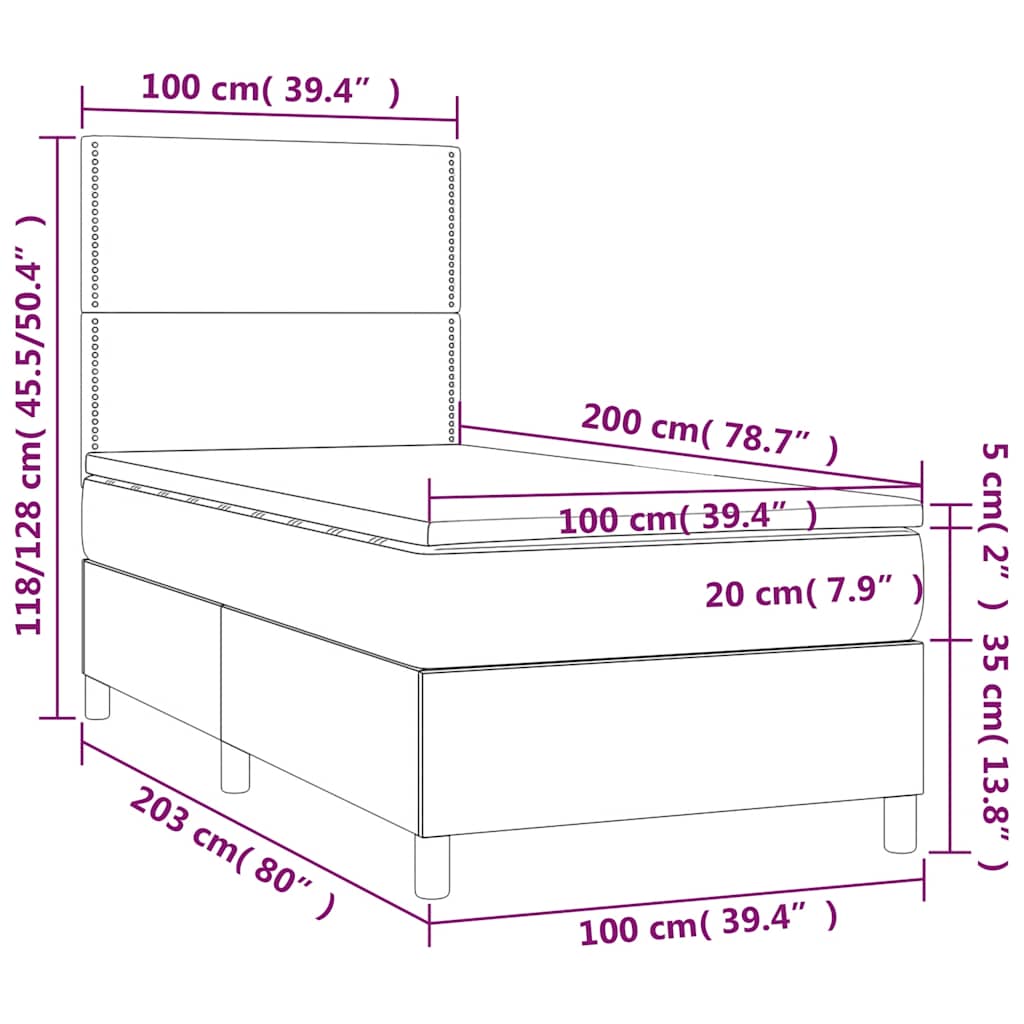 vidaXL Κρεβάτι Boxspring με Στρώμα & LED Μαύρο 100x200 εκ. Υφασμάτινο