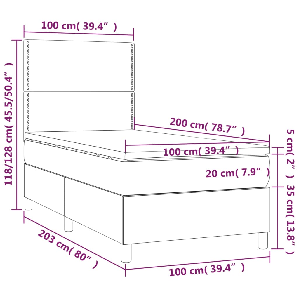vidaXL Κρεβάτι Boxspring με Στρώμα & LED Taupe 100x200 εκ. Υφασμάτινο