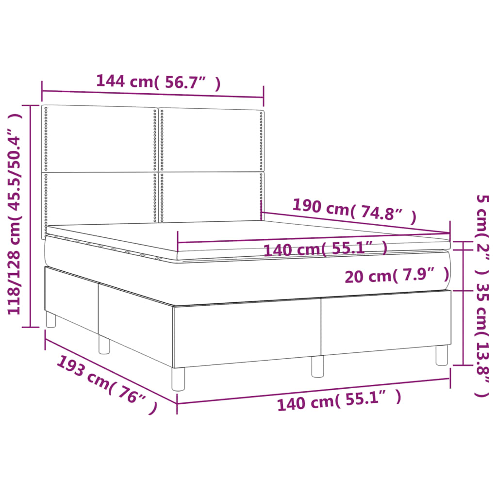 vidaXL Κρεβάτι Boxspring με Στρώμα & LED Αν.Γκρι 140x190εκ. Υφασμάτινο