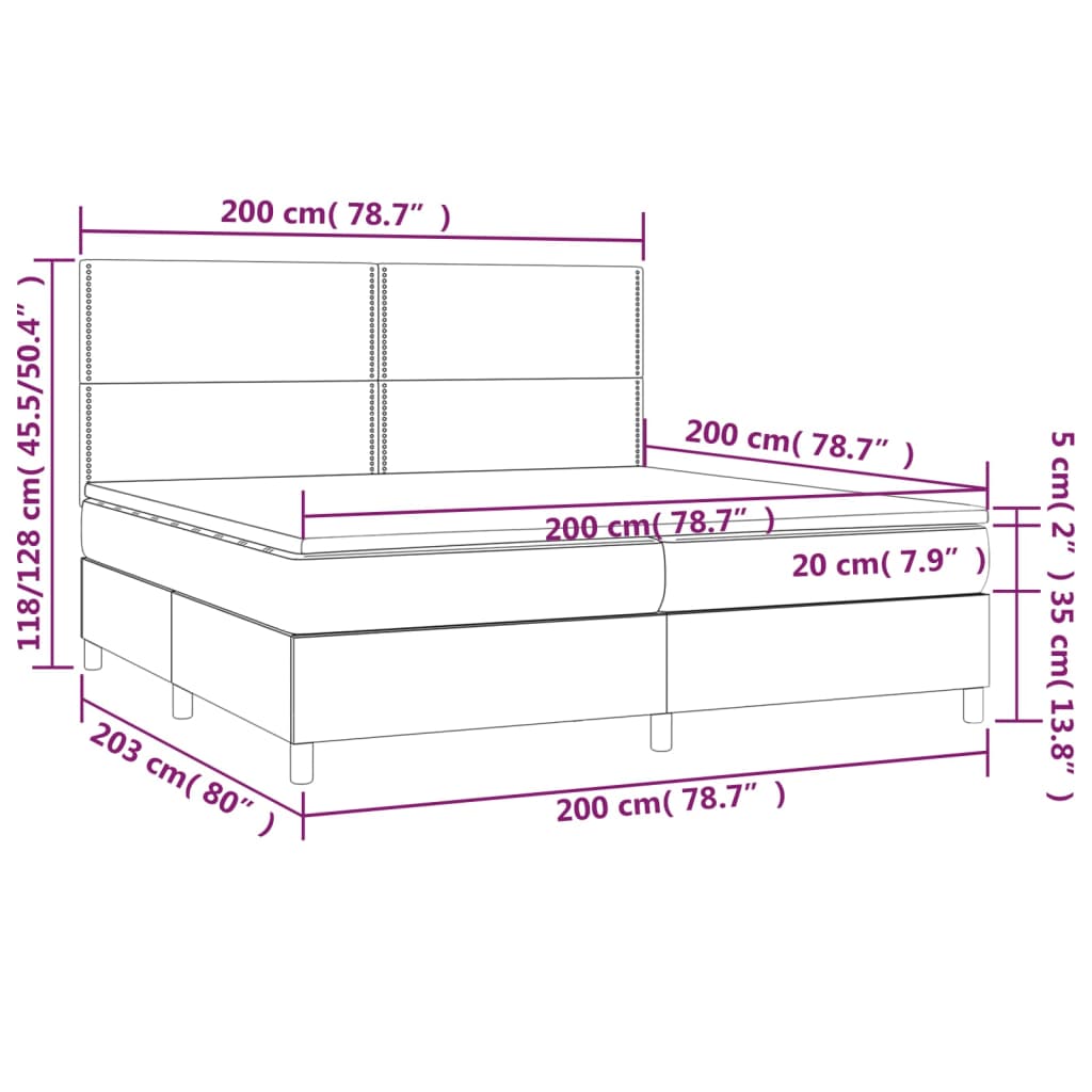 vidaXL Κρεβάτι Boxspring με Στρώμα & LED Σκ.Γκρι 200x200εκ. Υφασμάτινο