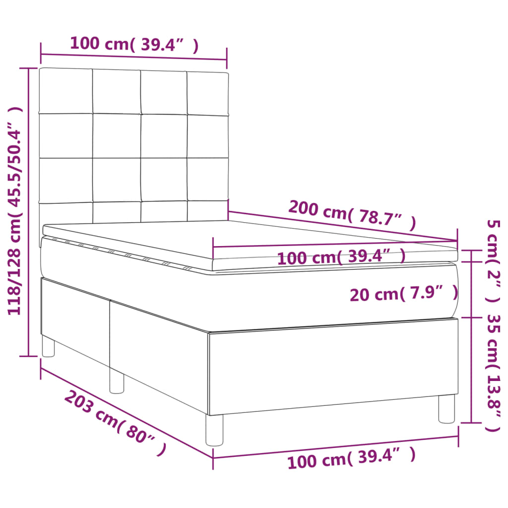 vidaXL Κρεβάτι Boxspring με Στρώμα & LED Taupe 100x200 εκ. Υφασμάτινο