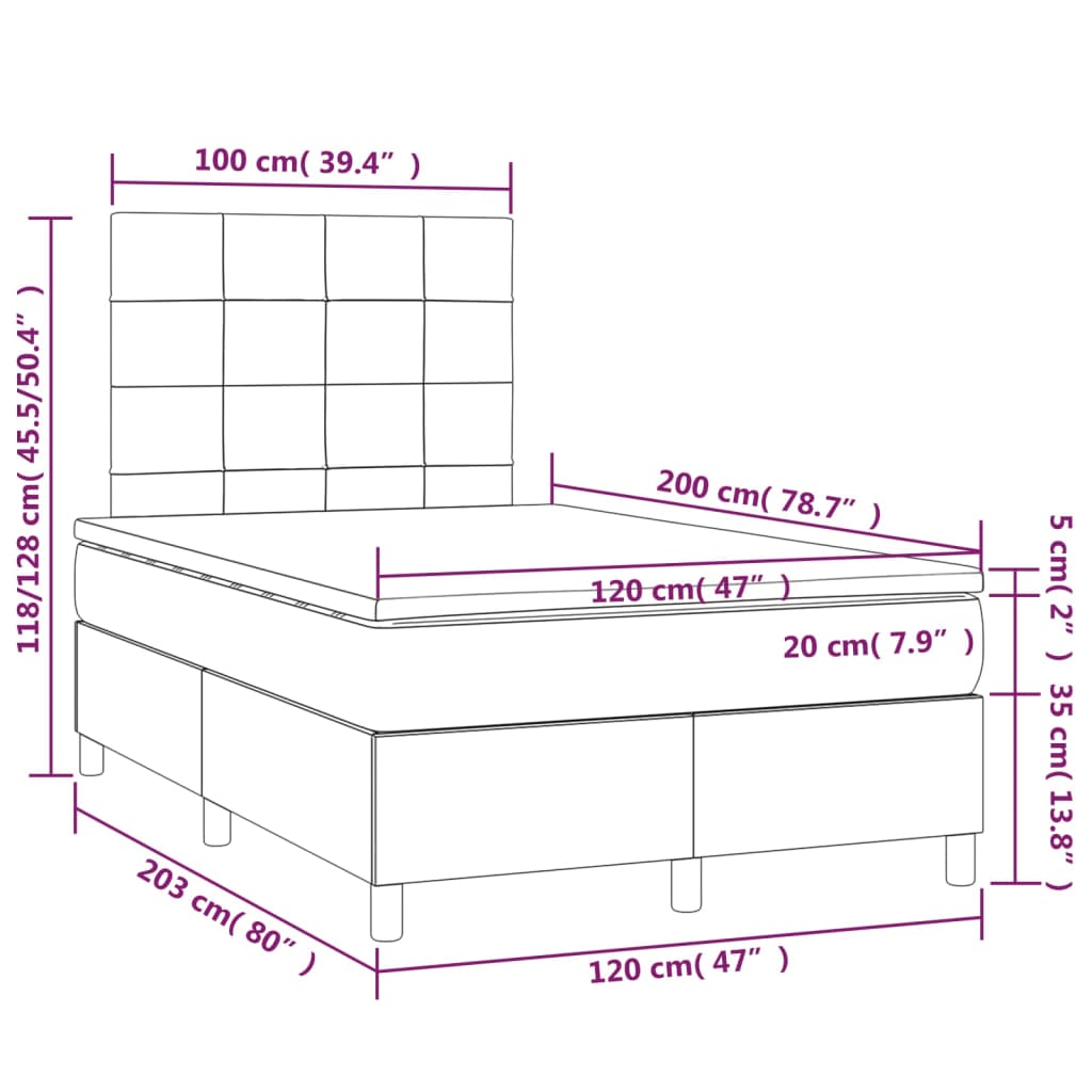 vidaXL Κρεβάτι Boxspring με Στρώμα & LED Σκ.Καφέ 120x200 εκ Υφασμάτινο