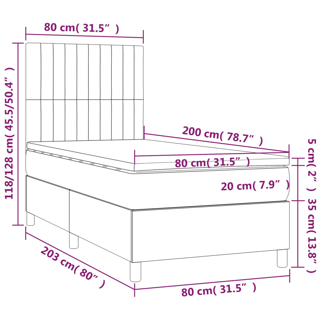 vidaXL Κρεβάτι Boxspring με Στρώμα & LED Σκ.Γκρι 80x200 εκ. Υφασμάτινο
