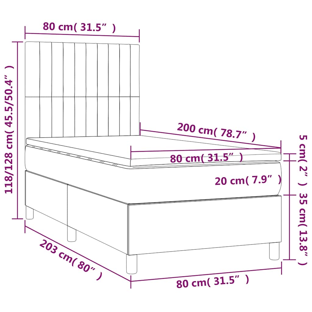 vidaXL Κρεβάτι Boxspring με Στρώμα & LED Μαύρο 80x200 εκ. Υφασμάτινο