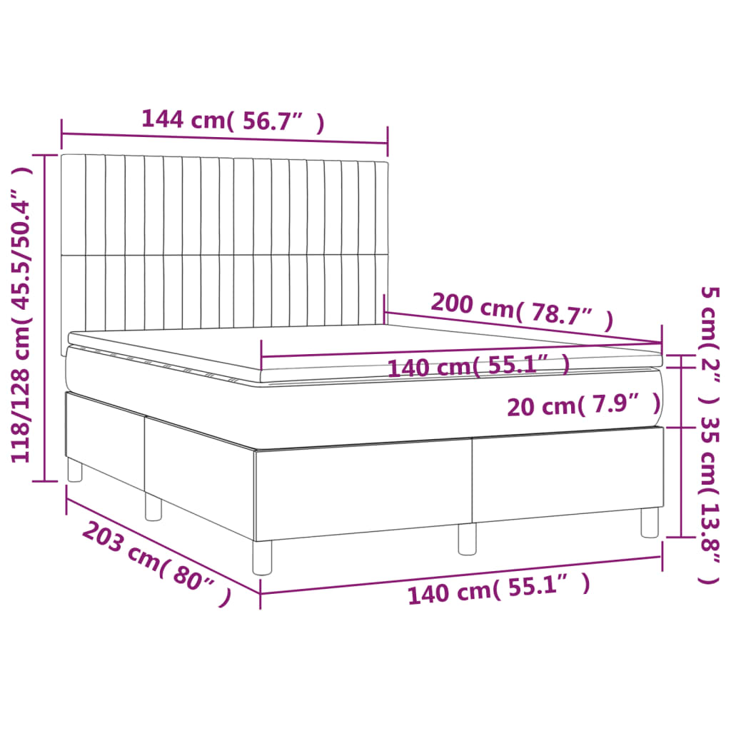 vidaXL Κρεβάτι Boxspring με Στρώμα & LED Σκ.Καφέ 140x200 εκ Υφασμάτινο