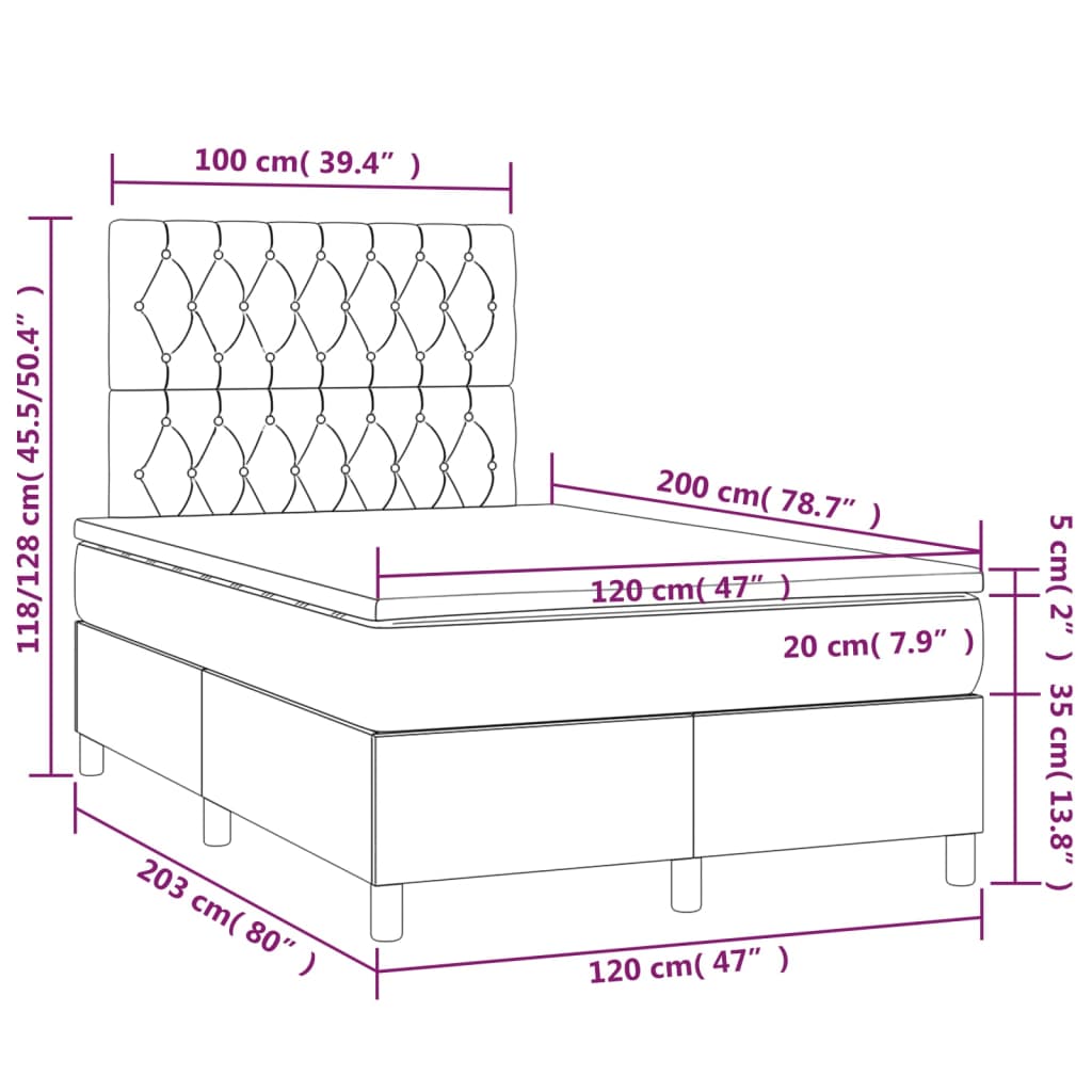 vidaXL Κρεβάτι Boxspring με Στρώμα & LED Κρεμ 120x200 εκ. Υφασμάτινο