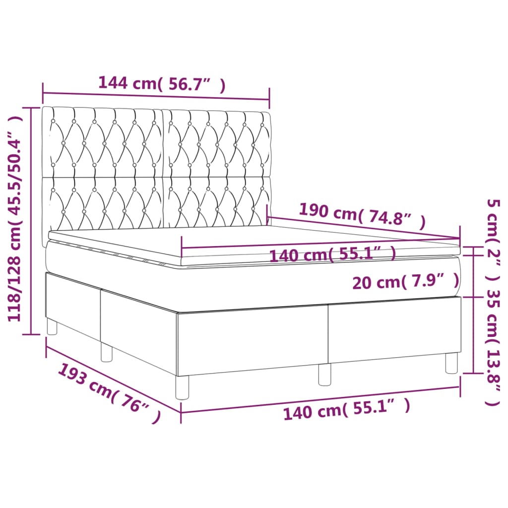 vidaXL Κρεβάτι Boxspring με Στρώμα & LED Taupe 140x190 εκ. Υφασμάτινο