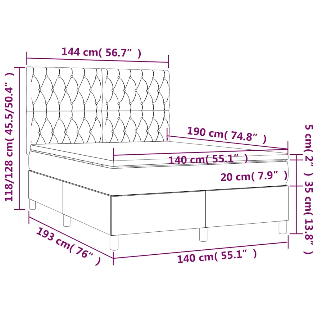 vidaXL Κρεβάτι Boxspring με Στρώμα & LED Κρεμ 140x190 εκ. Υφασμάτινο