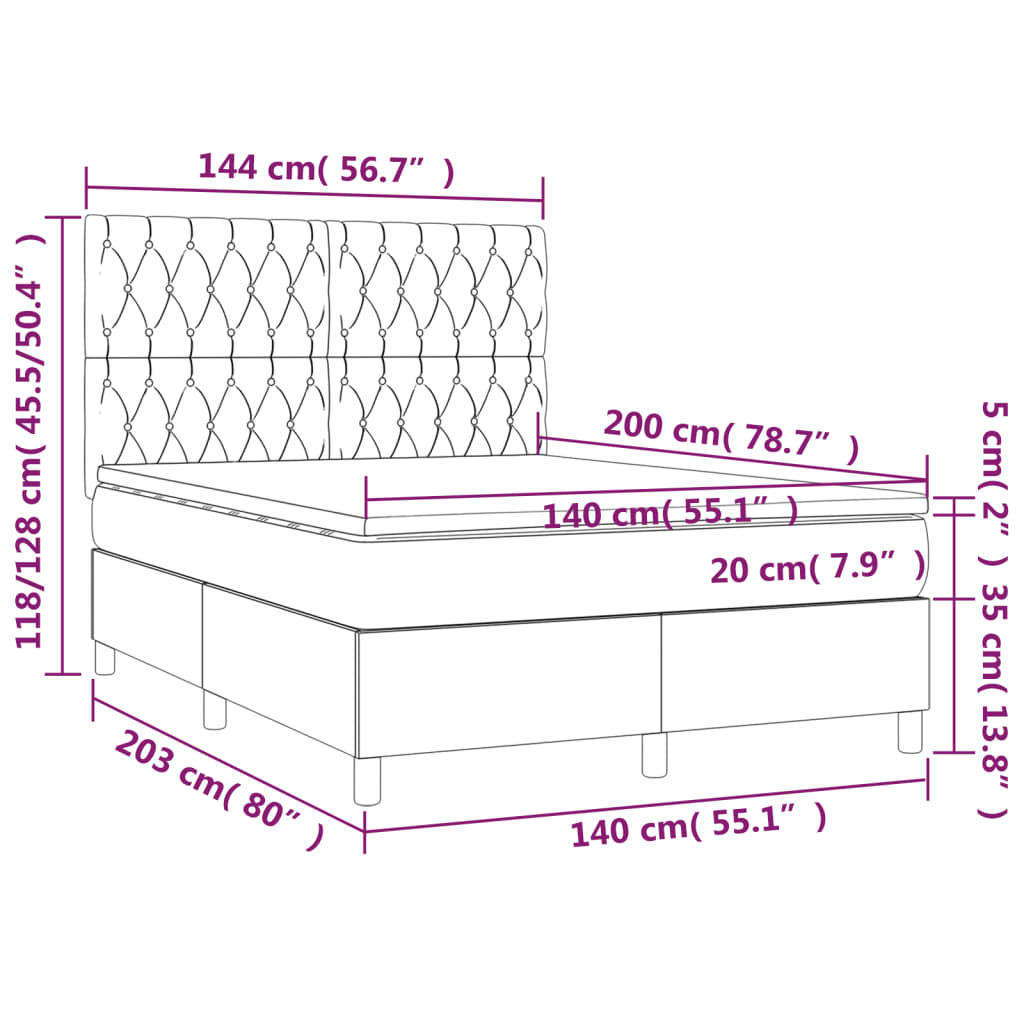 vidaXL Κρεβάτι Boxspring με Στρώμα & LED Taupe 140x200 εκ. Υφασμάτινο
