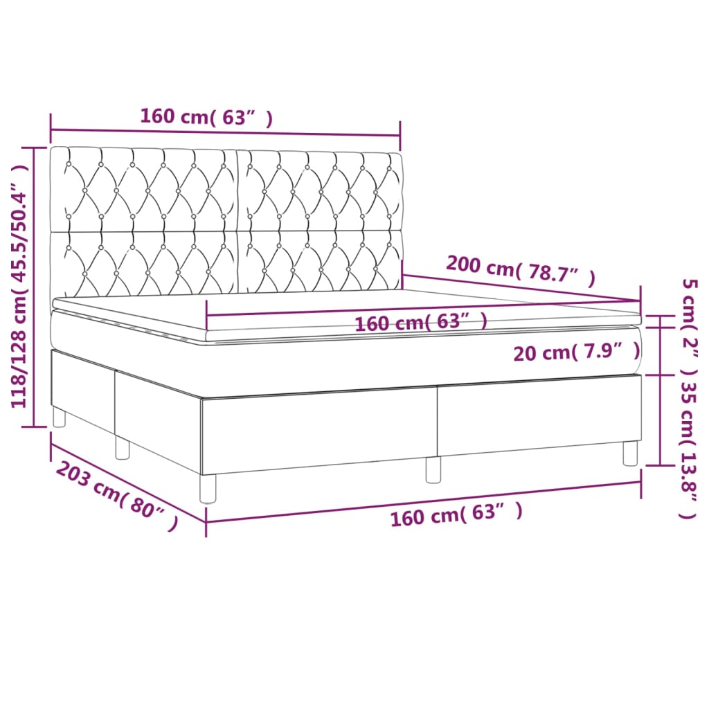 vidaXL Κρεβάτι Boxspring με Στρώμα & LED Taupe 160x200 εκ. Υφασμάτινο
