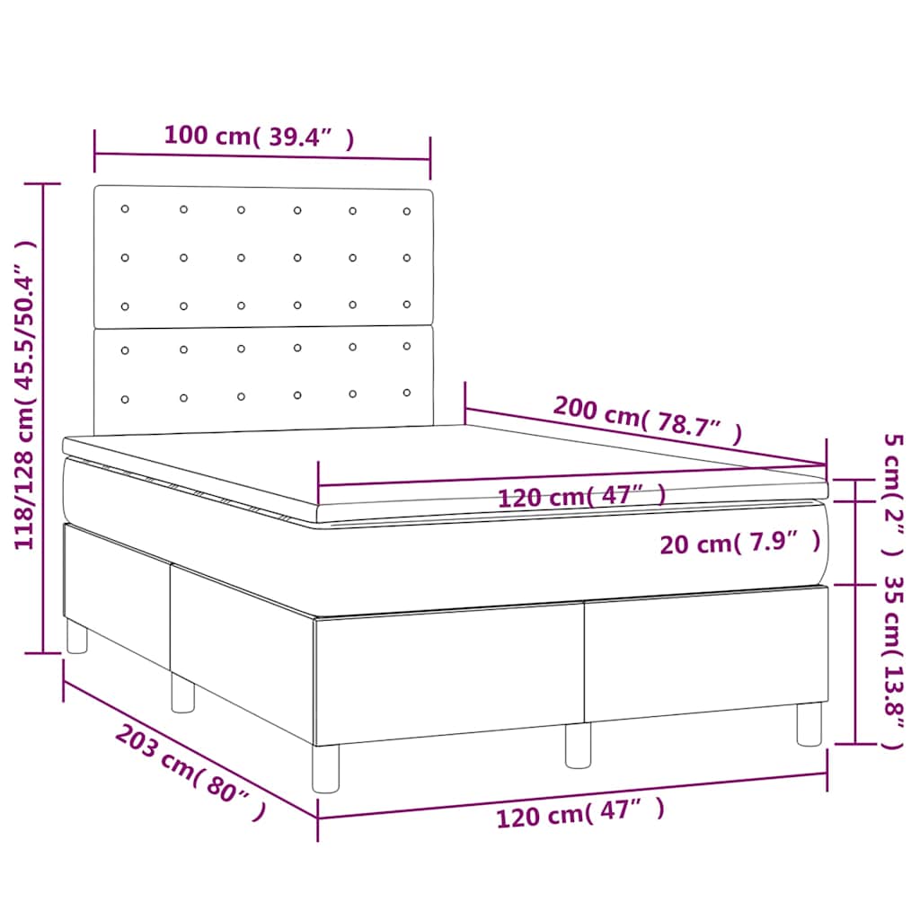 vidaXL Κρεβάτι Boxspring με Στρώμα & LED Αν.Γκρι 120x200 εκ Υφασμάτινο