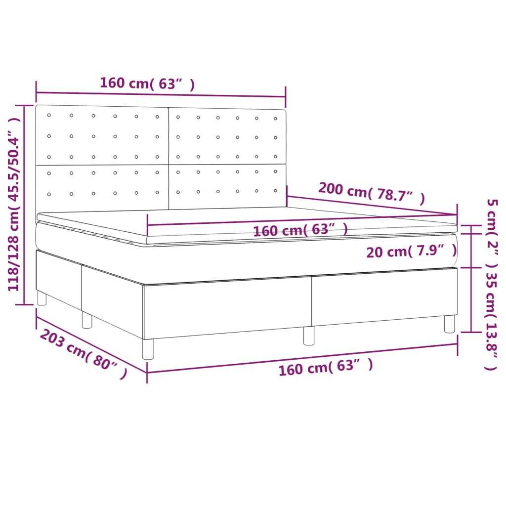 vidaXL Κρεβάτι Boxspring με Στρώμα & LED Κρεμ 160x200 εκ. Υφασμάτινο