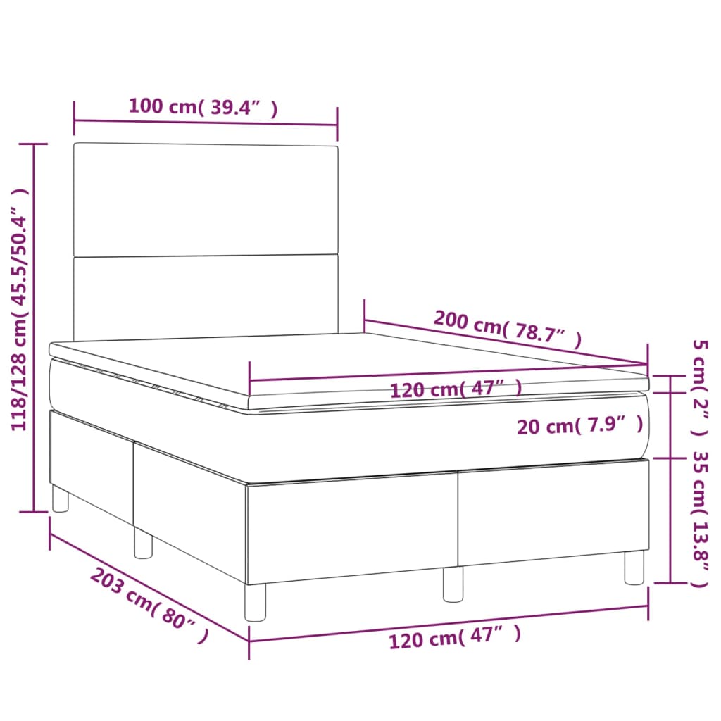 vidaXL Κρεβάτι Boxspring με Στρώμα & LED Σκ. Μπλε 120x200εκ. Βελούδινο