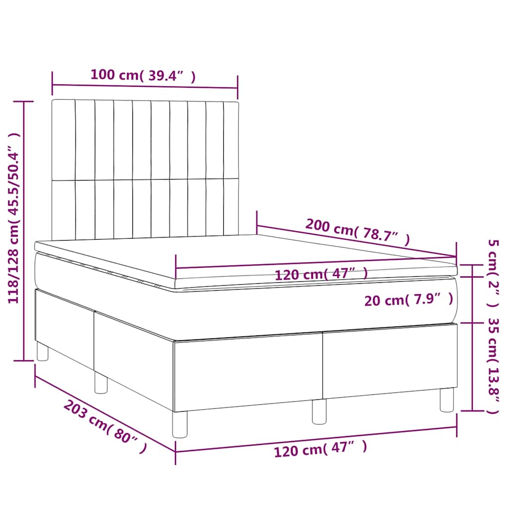 vidaXL Κρεβάτι Boxspring με Στρώμα & LED Σκ. Πράσινο 120x200εκ Βελούδο
