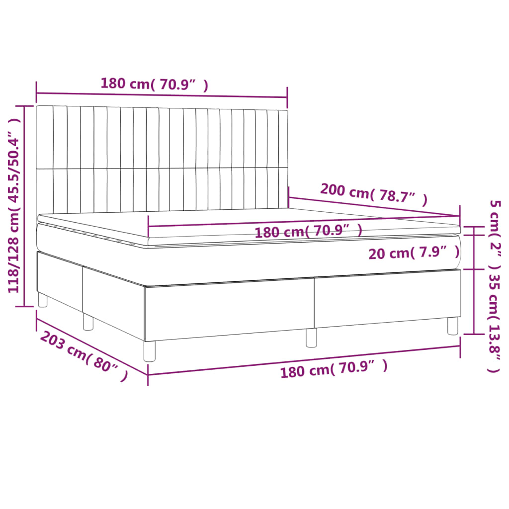 vidaXL Κρεβάτι Boxspring με Στρώμα & LED Αν.Γκρι 180x200 εκ. Βελούδινο