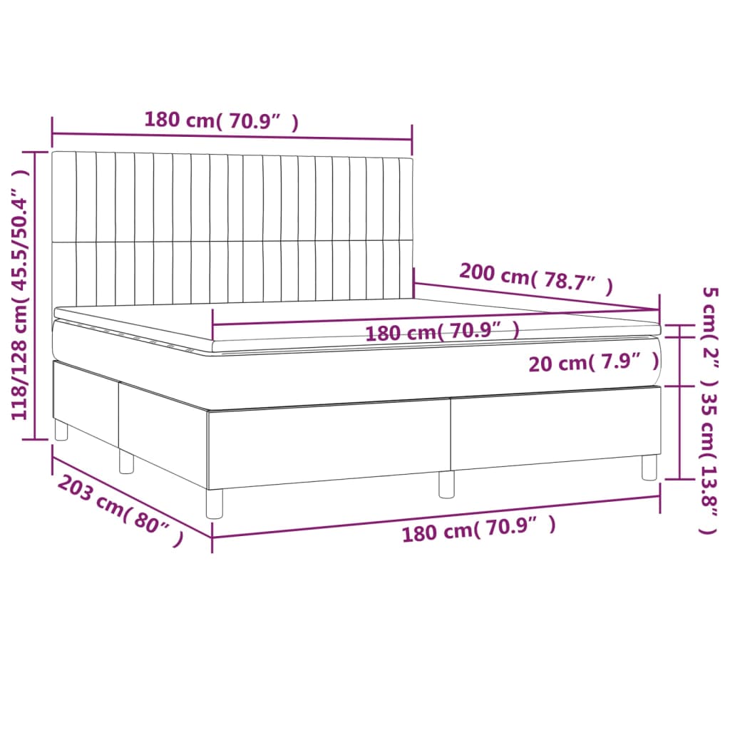 vidaXL Κρεβάτι Boxspring με Στρώμα & LED Σκ. Γκρι 180x200εκ. Βελούδινο