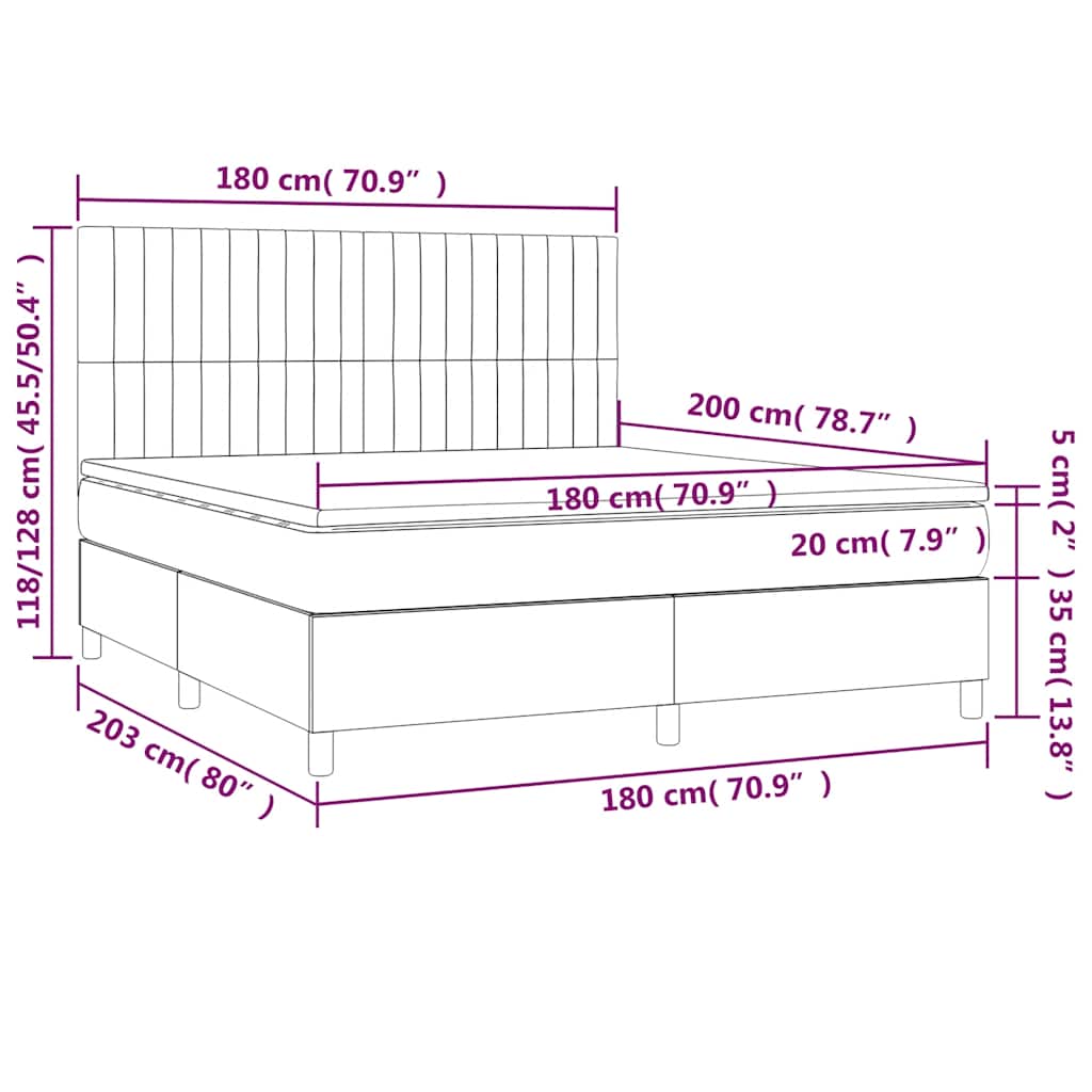 vidaXL Κρεβάτι Boxspring με Στρώμα & LED Σκ. Πράσινο 180x200εκ Βελούδο