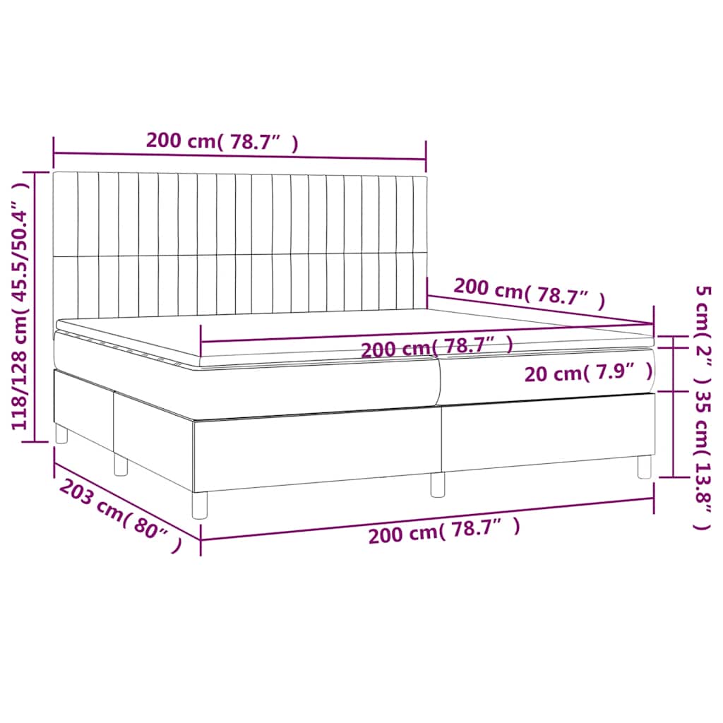 vidaXL Κρεβάτι Boxspring με Στρώμα & LED Σκ. Πράσινο 200x200εκ Βελούδο