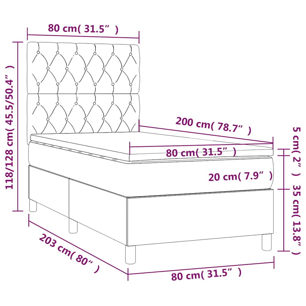 vidaXL Κρεβάτι Boxspring με Στρώμα & LED Σκ. Μπλε 80x200 εκ. Βελούδινο