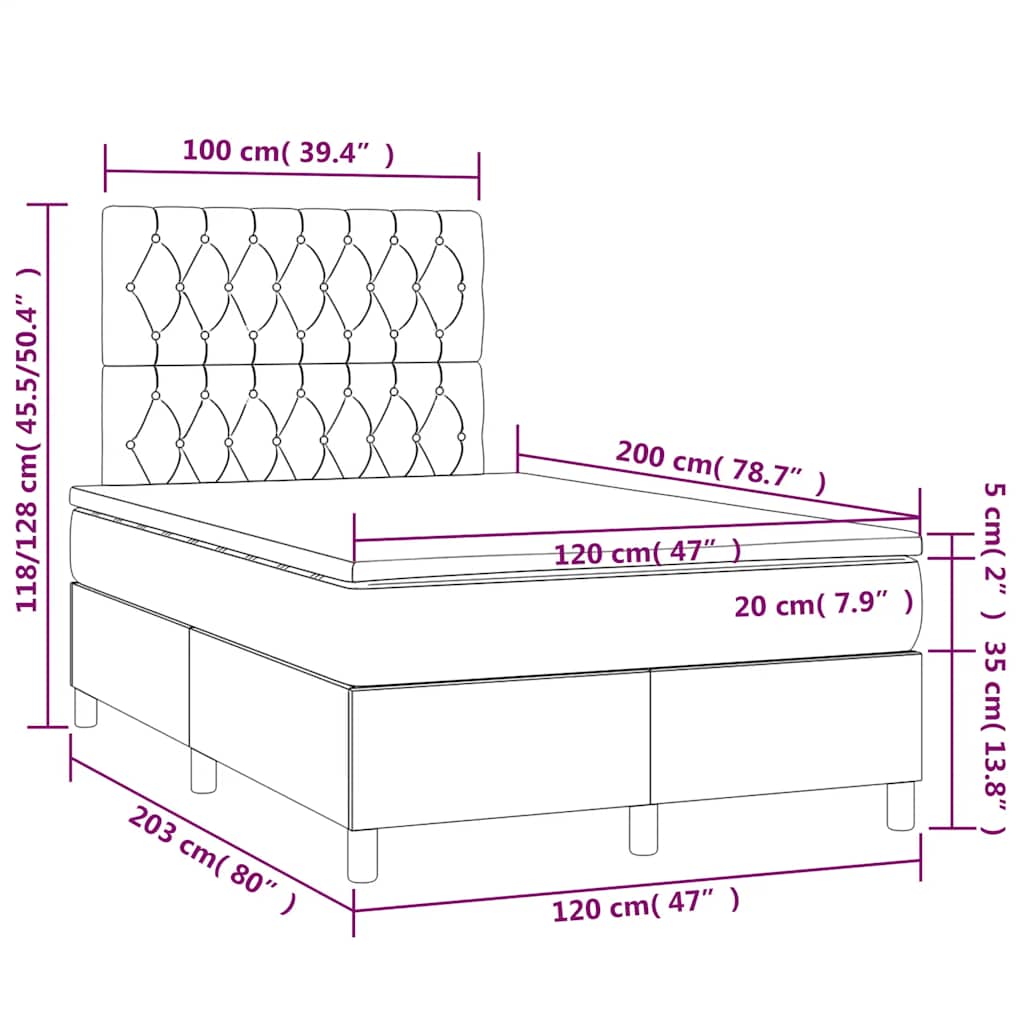 vidaXL Κρεβάτι Boxspring με Στρώμα & LED Σκ. Μπλε 120x200εκ. Βελούδινο