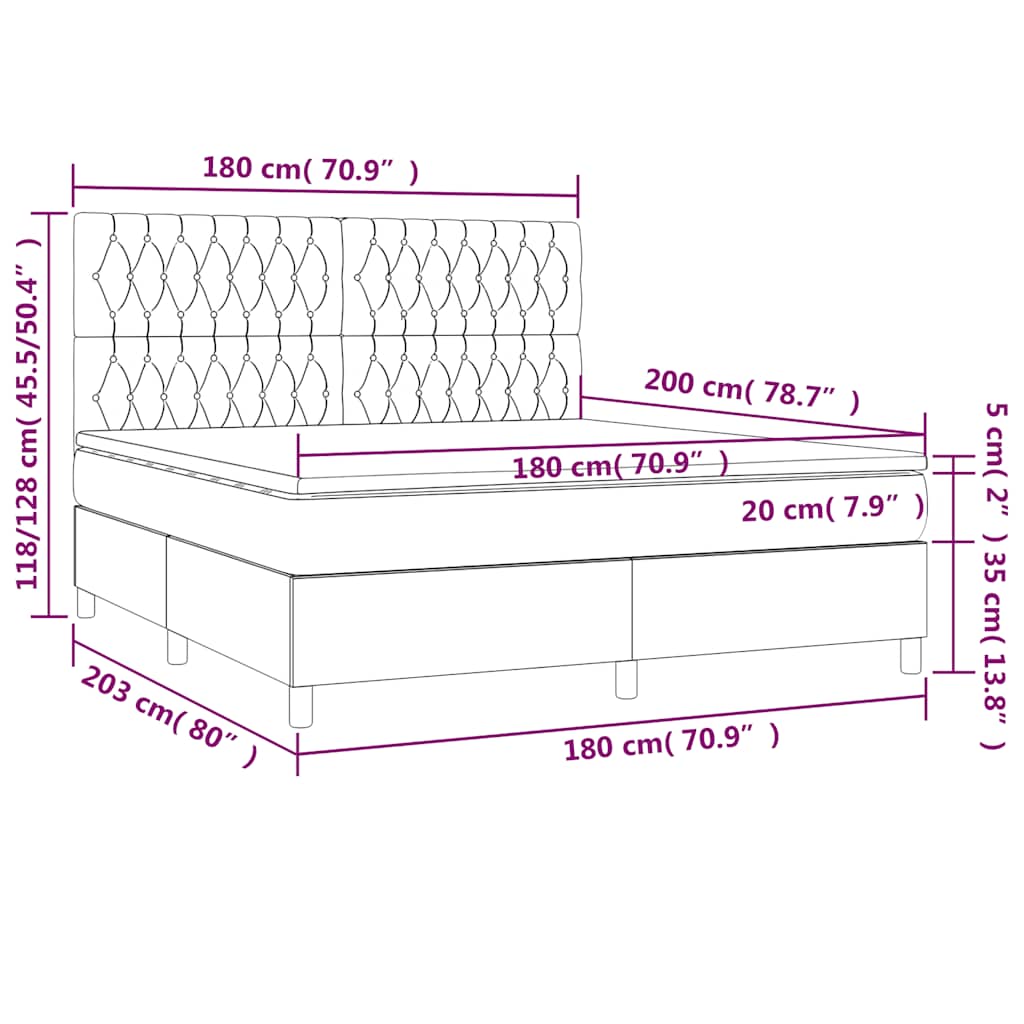 vidaXL Κρεβάτι Boxspring με Στρώμα & LED Σκ. Πράσινο 180x200εκ Βελούδο
