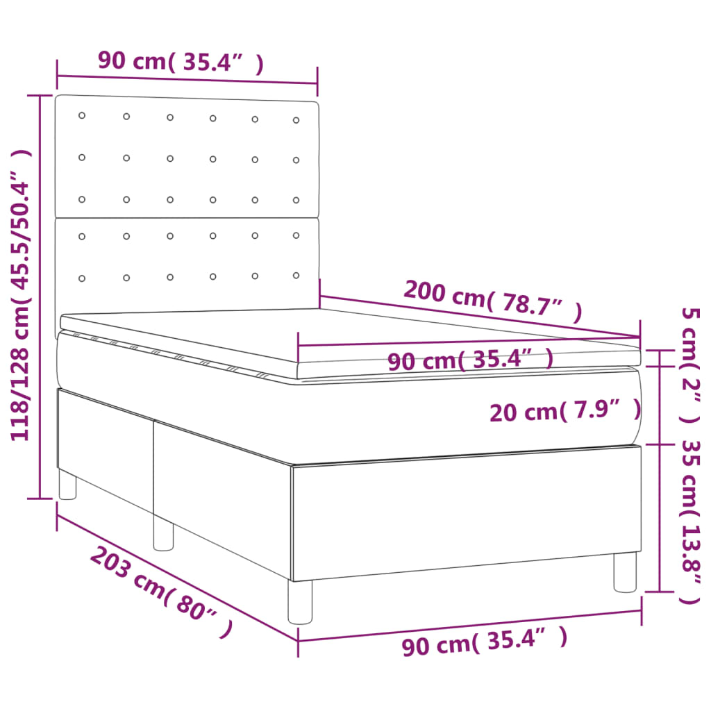 vidaXL Κρεβάτι Boxspring με Στρώμα & LED Αν.Γκρι 90x200 εκ. Βελούδινο