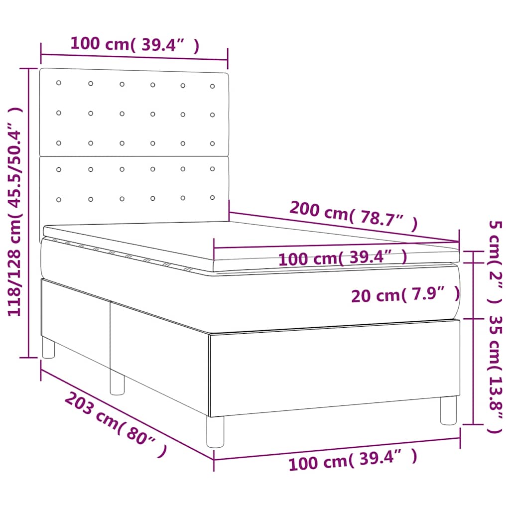 vidaXL Κρεβάτι Boxspring με Στρώμα & LED Σκ. Μπλε 100x200εκ. Βελούδινο