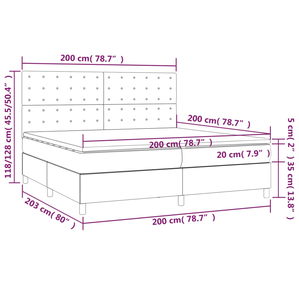 vidaXL Κρεβάτι Boxspring με Στρώμα & LED Σκ. Γκρι 200x200εκ. Βελούδινο