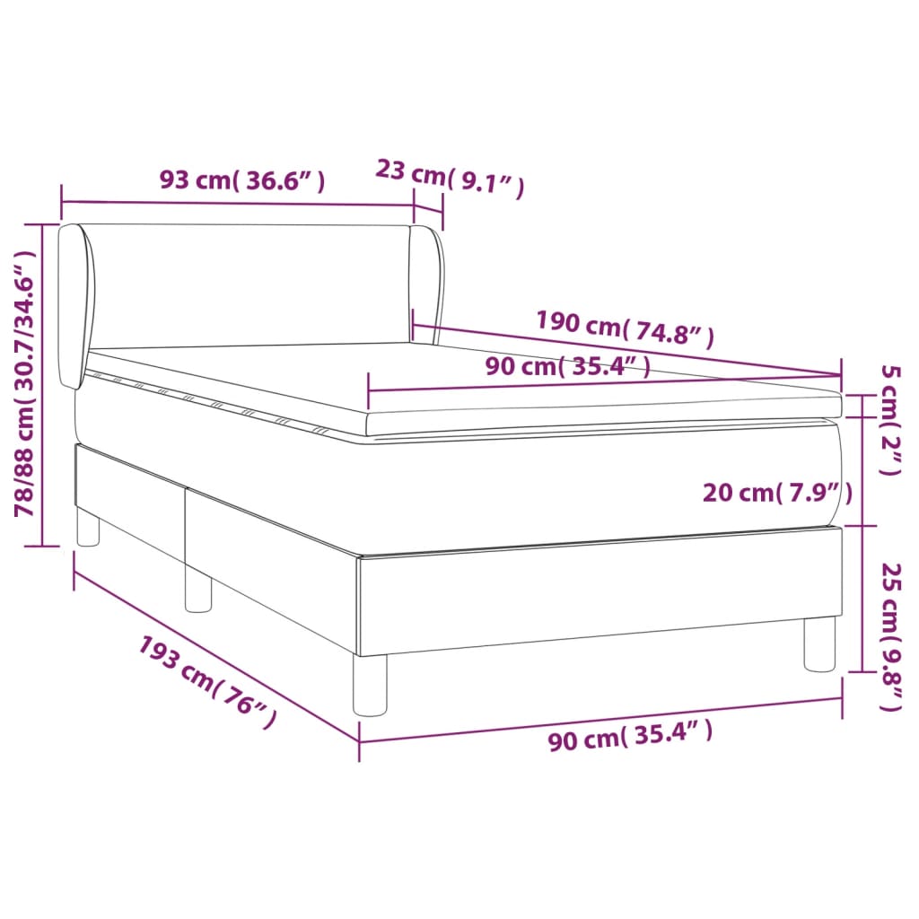 vidaXL Κρεβάτι Boxspring με Στρώμα Σκούρο Καφέ 90x190 εκ. Υφασμάτινο