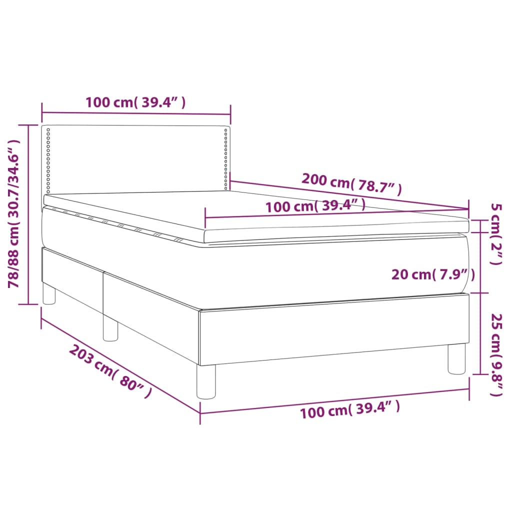 vidaXL Κρεβάτι Boxspring με Στρώμα Σκούρο Γκρι 100x200 εκ. Υφασμάτινο
