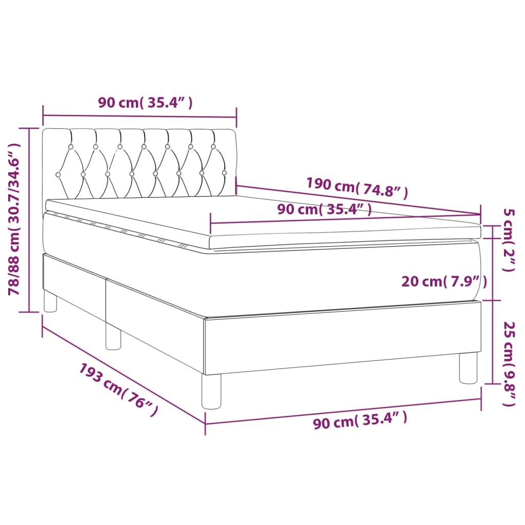 vidaXL Κρεβάτι Boxspring με Στρώμα Μαύρο 90x190 εκ.Υφασμάτινο