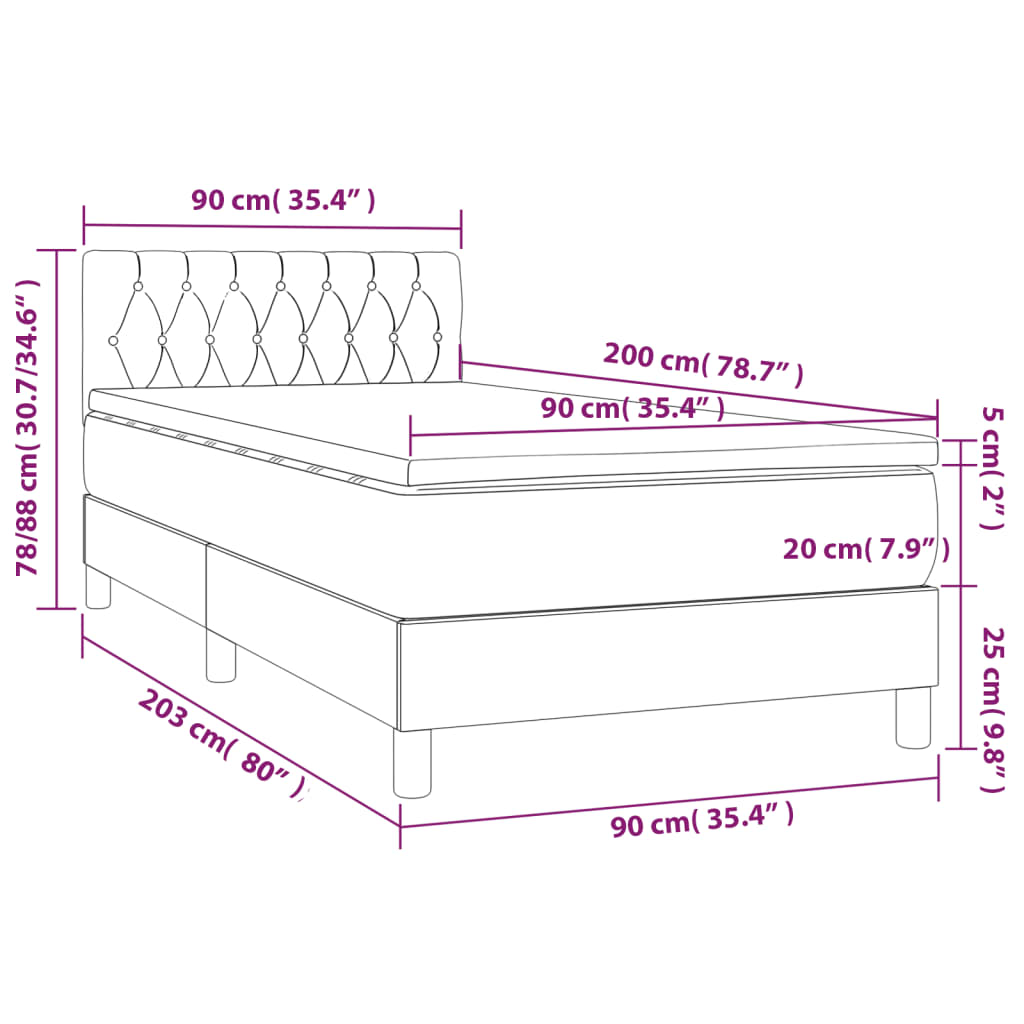 vidaXL Κρεβάτι Boxspring με Στρώμα Κρεμ 90x200 εκ.Υφασμάτινο