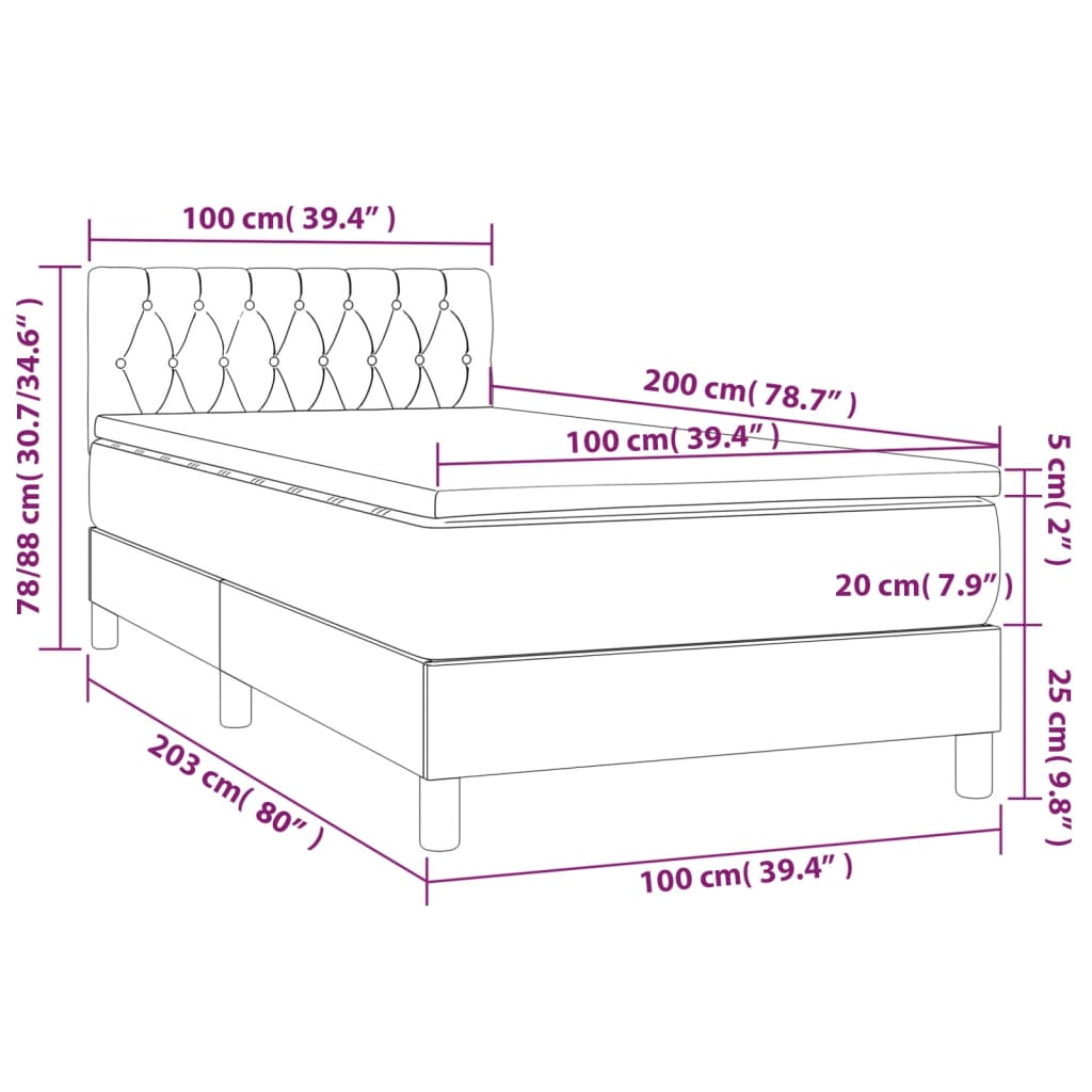 vidaXL Κρεβάτι Boxspring με Στρώμα Σκούρο Γκρι 100x200 εκ. Υφασμάτινο