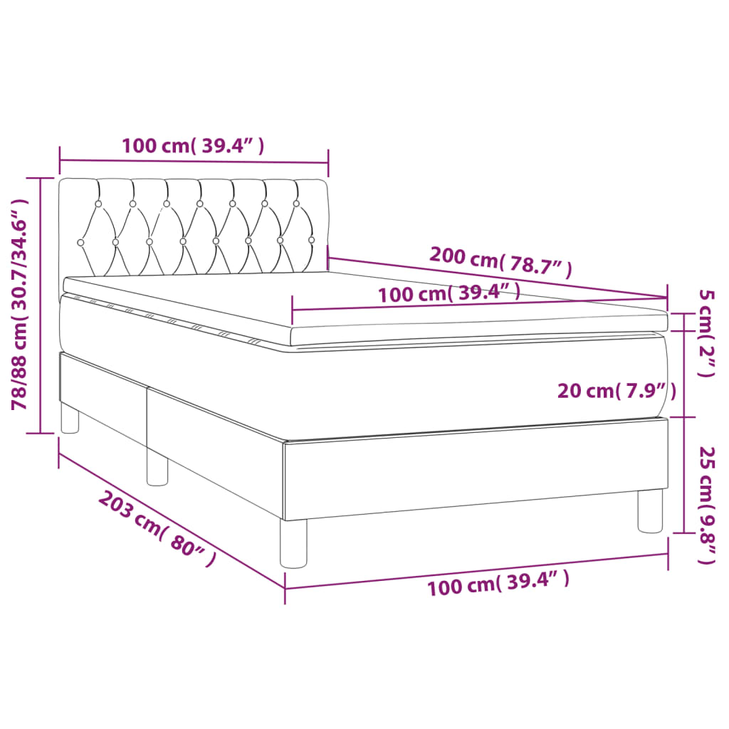 vidaXL Κρεβάτι Boxspring με Στρώμα Σκούρο Γκρι 100x200 εκ. Υφασμάτινο