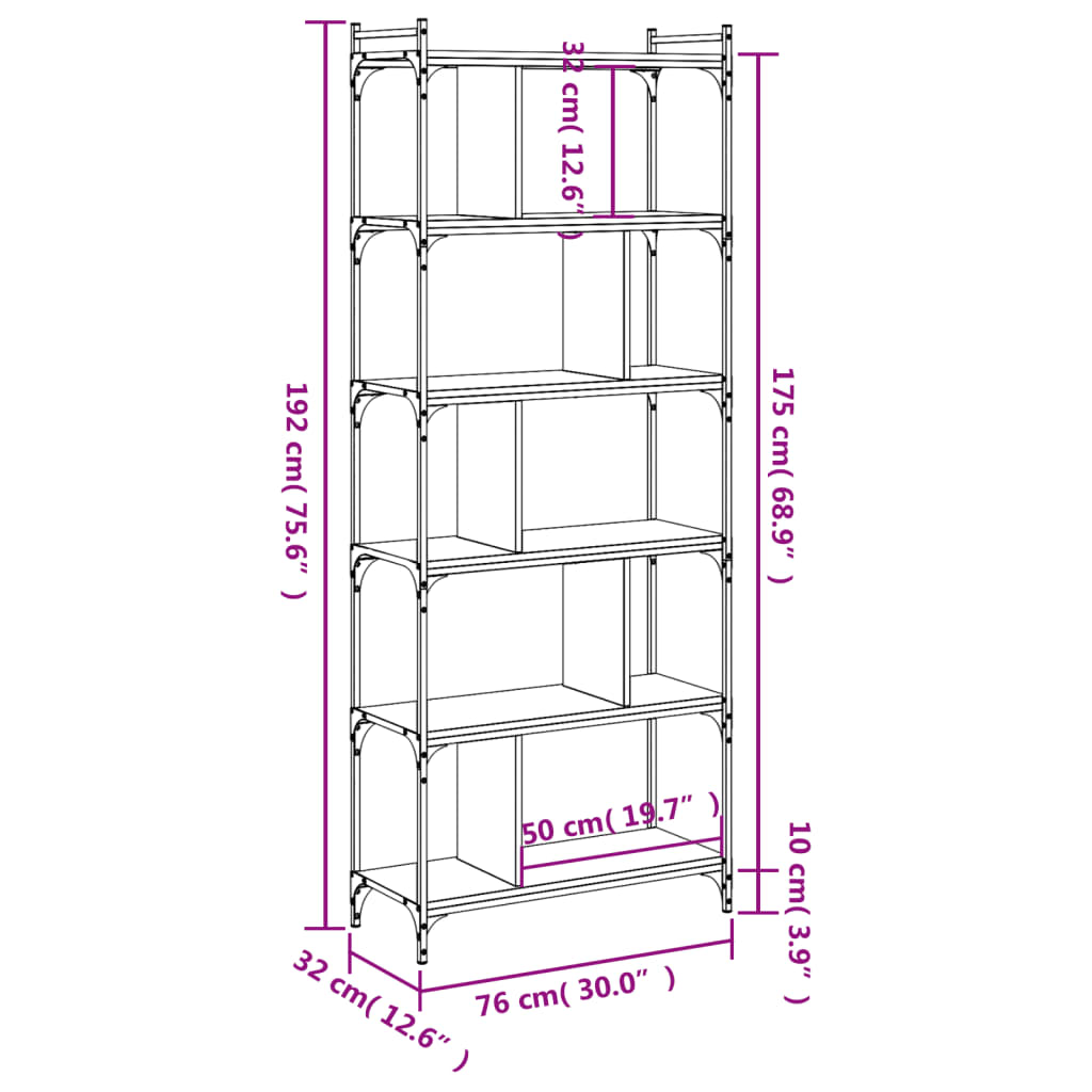 vidaXL Βιβλιοθήκη 6 Επιπέδων Γκρι Sonoma 76 x 32 x 192 εκ. Επεξ. Ξύλο