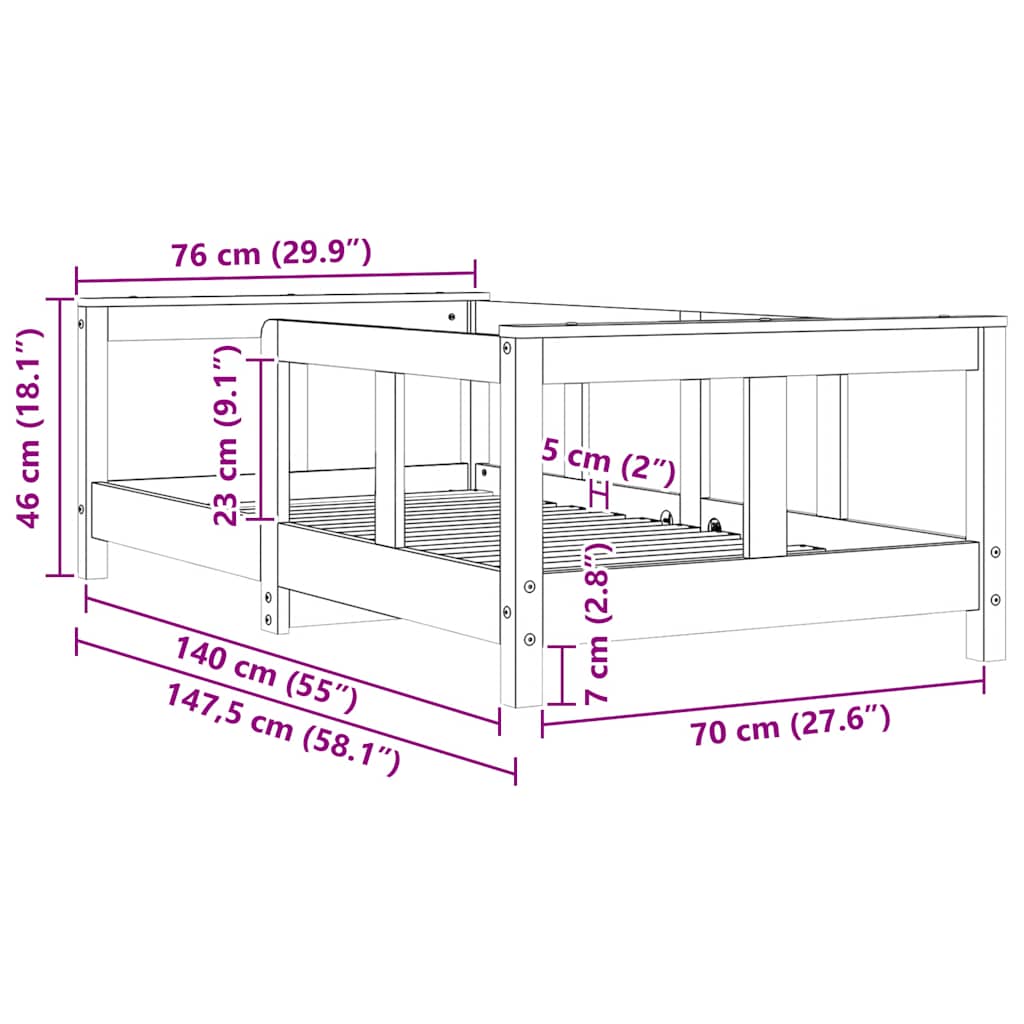vidaXL Πλαίσιο Παιδικού Κρεβατιού 70 x 140 εκ. από Μασίφ Ξύλο Πεύκου