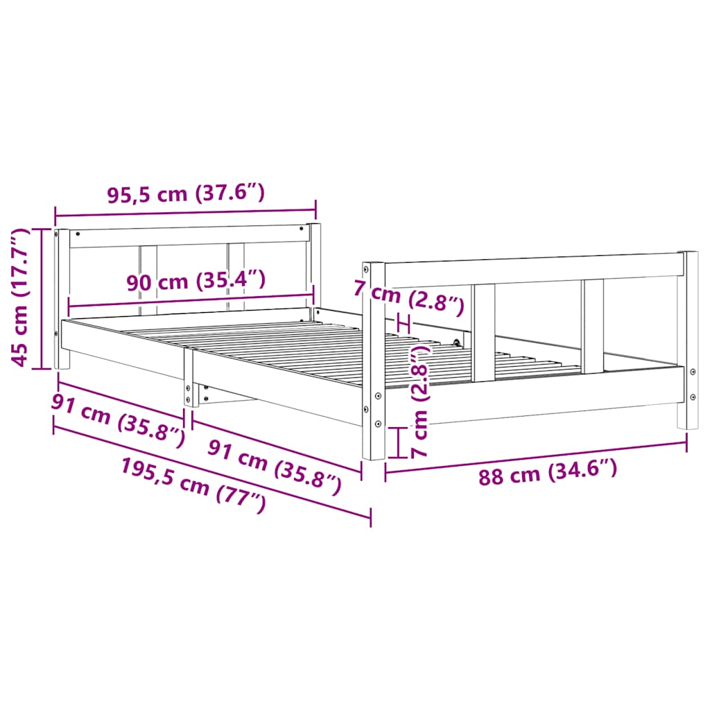 vidaXL Πλαίσιο Παιδικού Κρεβατιού 90 x 190 εκ. από Μασίφ Ξύλο Πεύκου