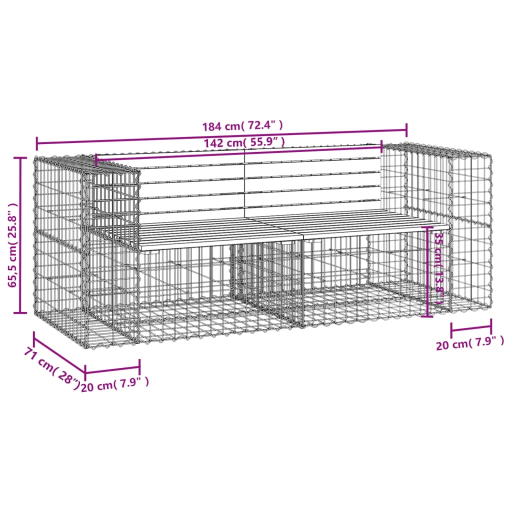 vidaXL Παγκάκι Κήπου Συρματοκιβώτιο 184x71x65,5εκ. Μασίφ Ξύλο Πεύκου