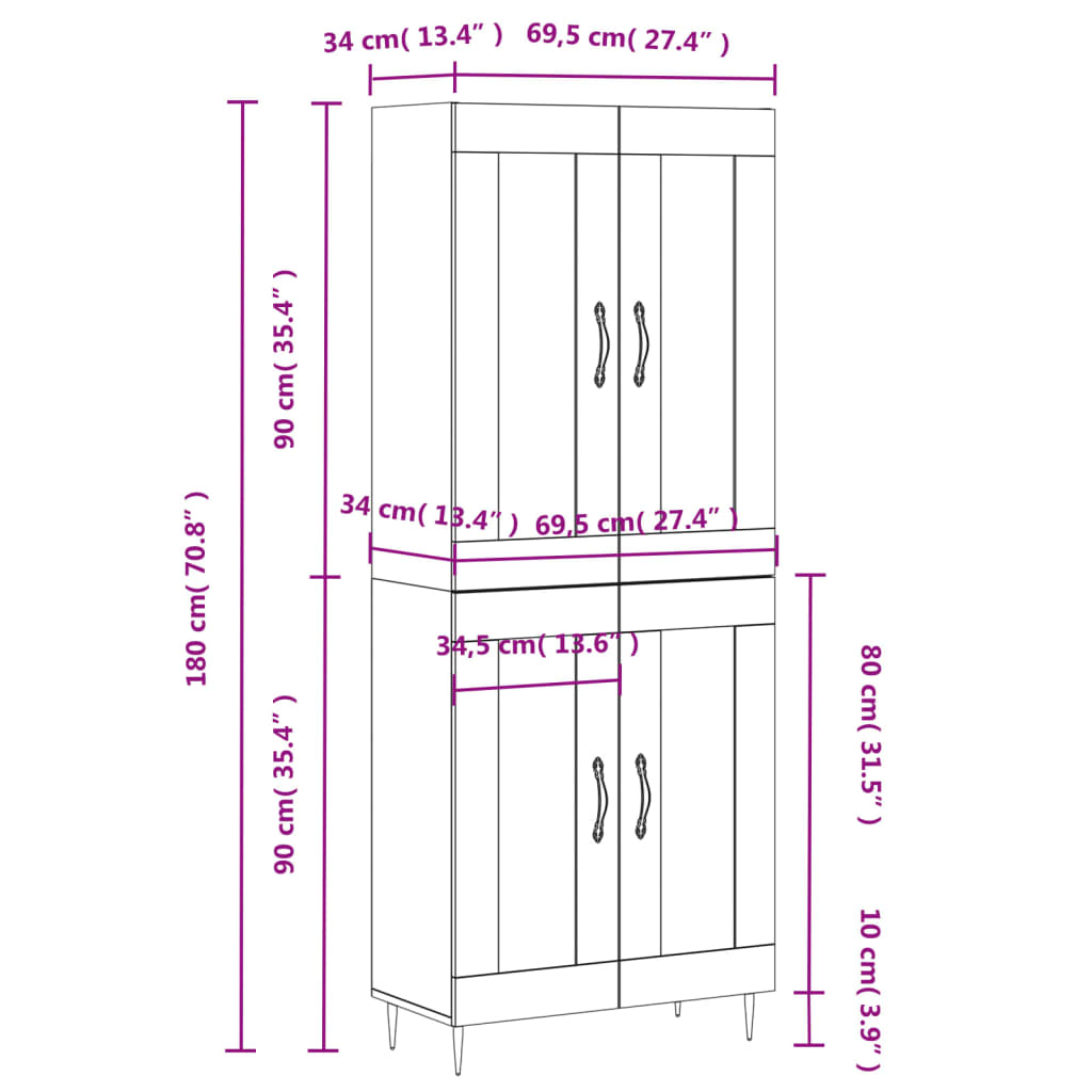 vidaXL Ντουλάπι Γκρι Σκυροδέματος 69,5x34x180 εκ. Επεξεργασμένο Ξύλο