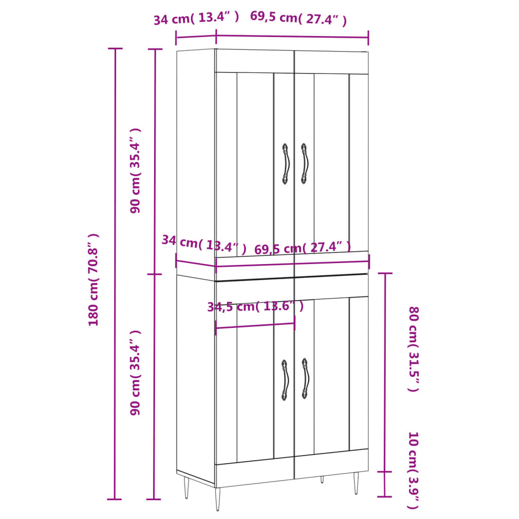 vidaXL Ντουλάπι Γκρι Sonoma 69,5 x 34 x 180 εκ. Επεξεργασμένο Ξύλο