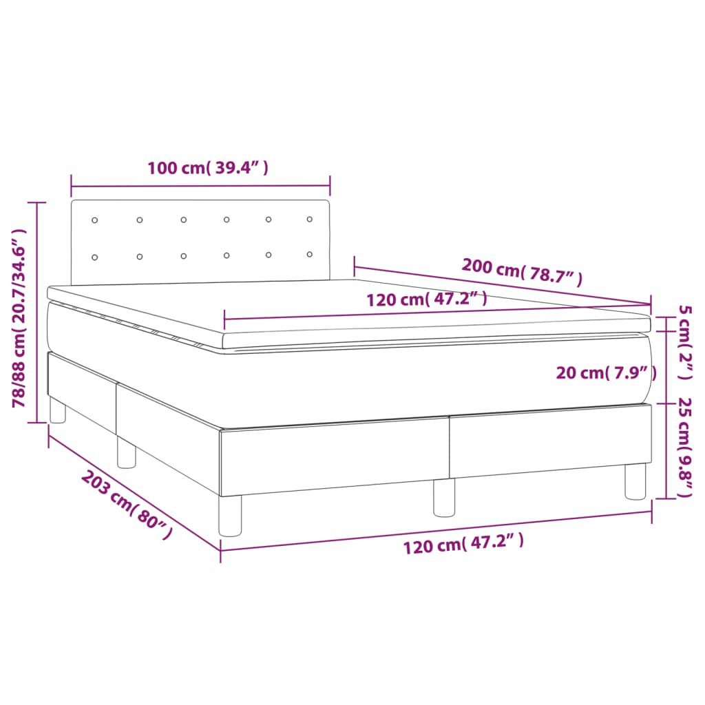 vidaXL Κρεβάτι Boxspring με Στρώμα Σκούρο Γκρι 120x200 εκ. Βελούδινο