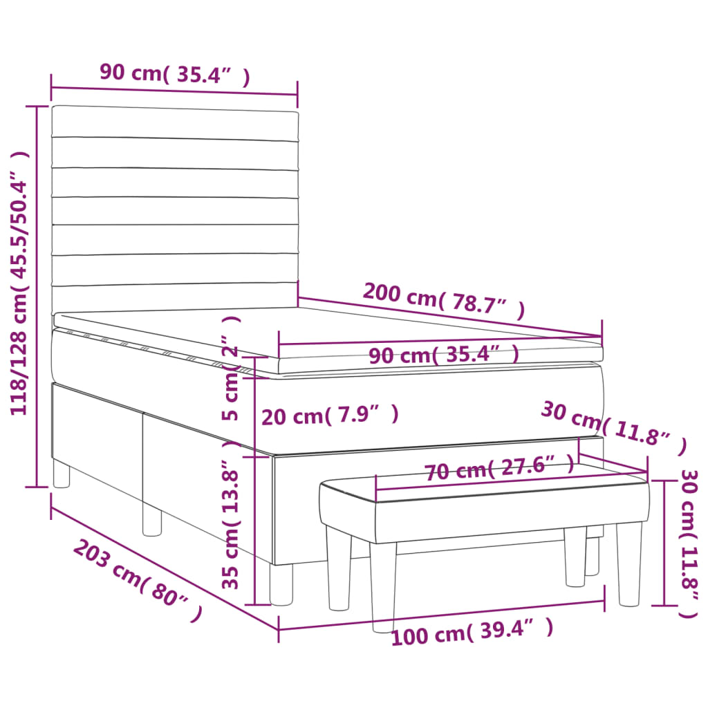 vidaXL Κρεβάτι Boxspring με Στρώμα Κρεμ 90x200 εκ.Υφασμάτινο