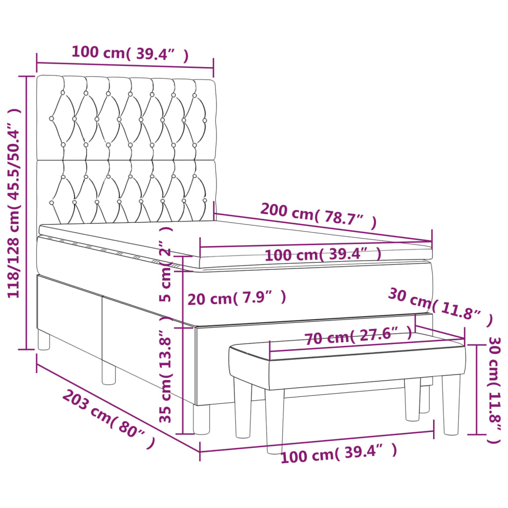 vidaXL Κρεβάτι Boxspring με Στρώμα Σκούρο Γκρι 100x200 εκ. Υφασμάτινο