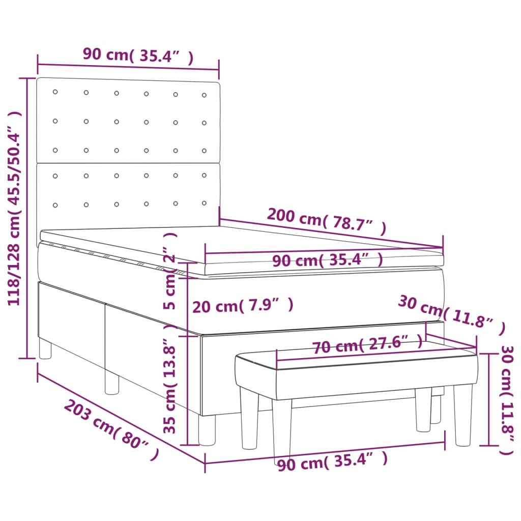 vidaXL Κρεβάτι Boxspring με Στρώμα Σκούρο Καφέ 90x200 εκ. Υφασμάτινο