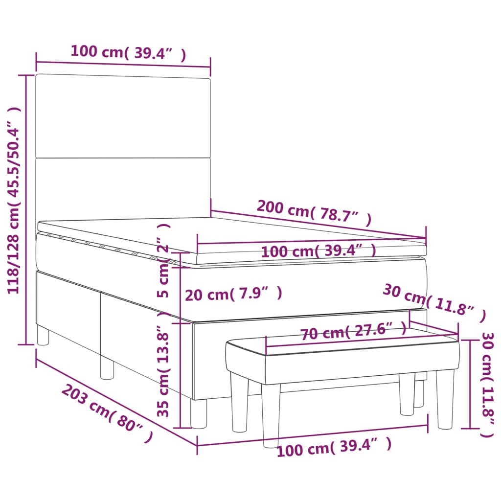 vidaXL Κρεβάτι Boxspring με Στρώμα Σκούρο Καφέ 100x200 εκ. Υφασμάτινο