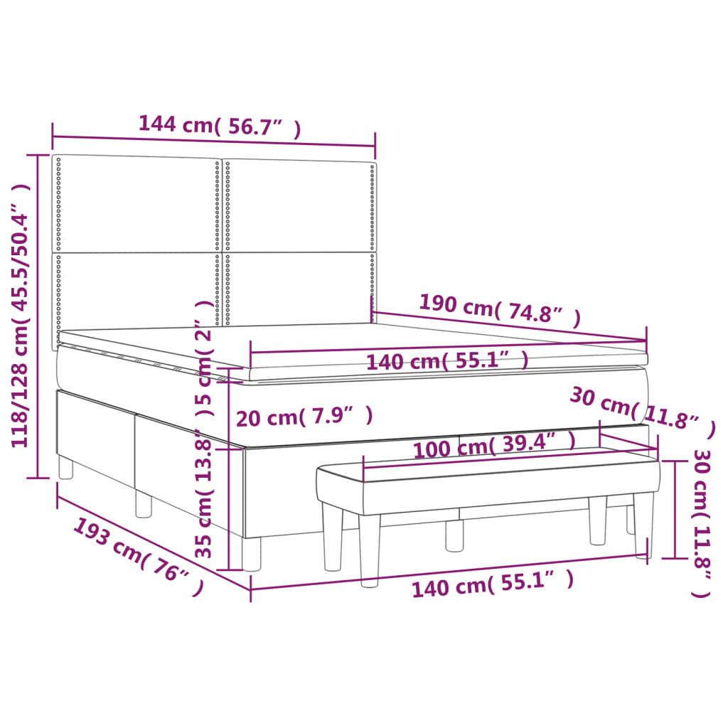 vidaXL Κρεβάτι Boxspring με Στρώμα Μαύρο 140x190 εκ. Υφασμάτινο